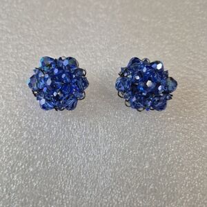 Blue Crystal Cluster Clip On Earrings Vintage Style Sparkle